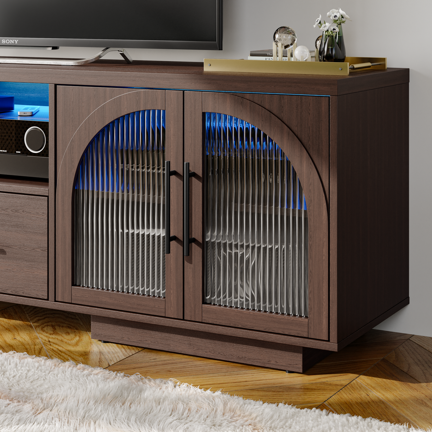 SOLACE FURNITURE 70" TV Stand for 80" TVs, Entertainment Center with LED Lights and Arched Glass Doors