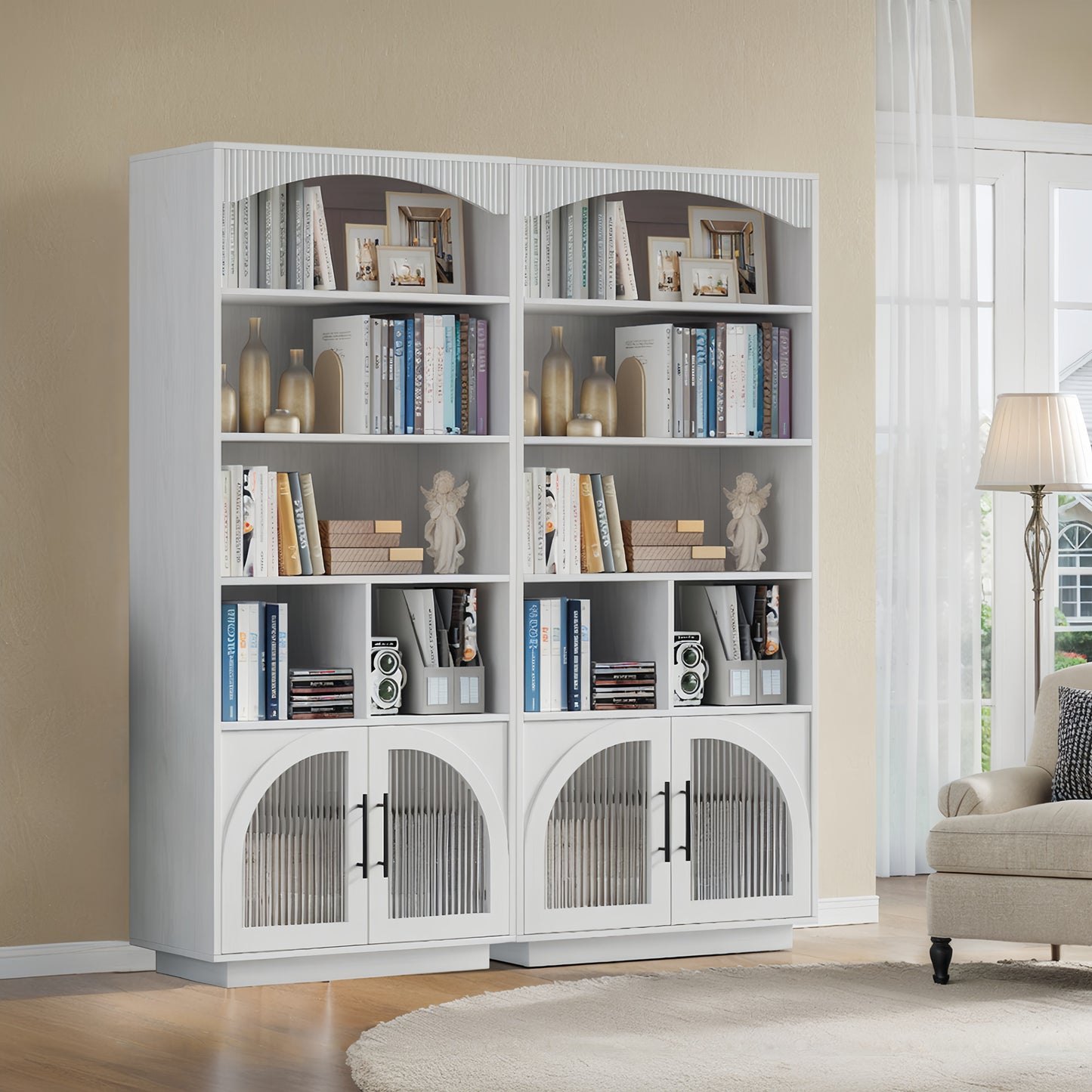 SOLACE FURNITURE 70" Tall Bookshelf, Bookcase with Doors, 5 Tier Bookshelf with Cabinet & Adjustable Shelves