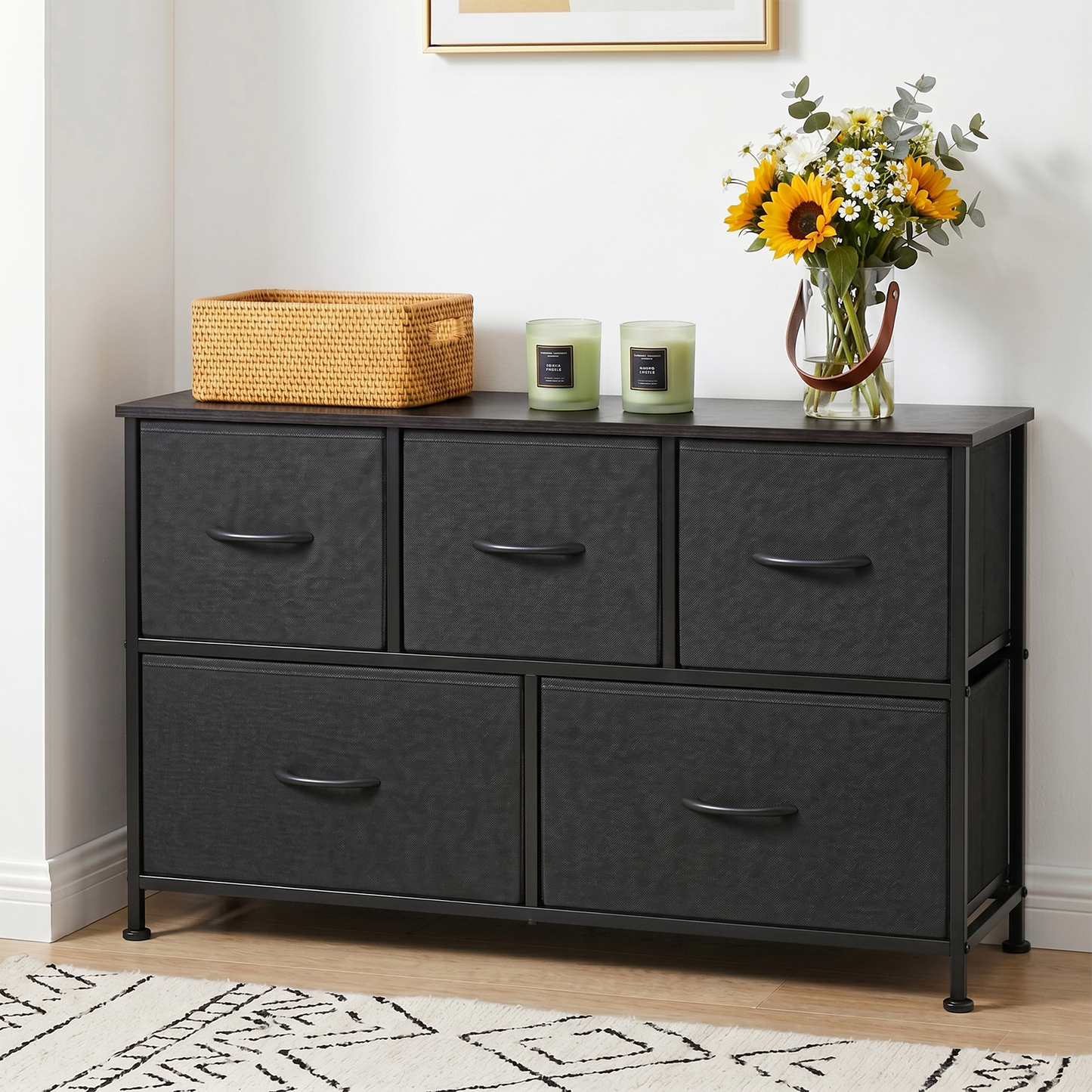 SOLACE FURNITURE Modern Dresser with 5 Fabric Drawers,TV Stand for 45" TV with Wooden Top for Bedroom,Living Room