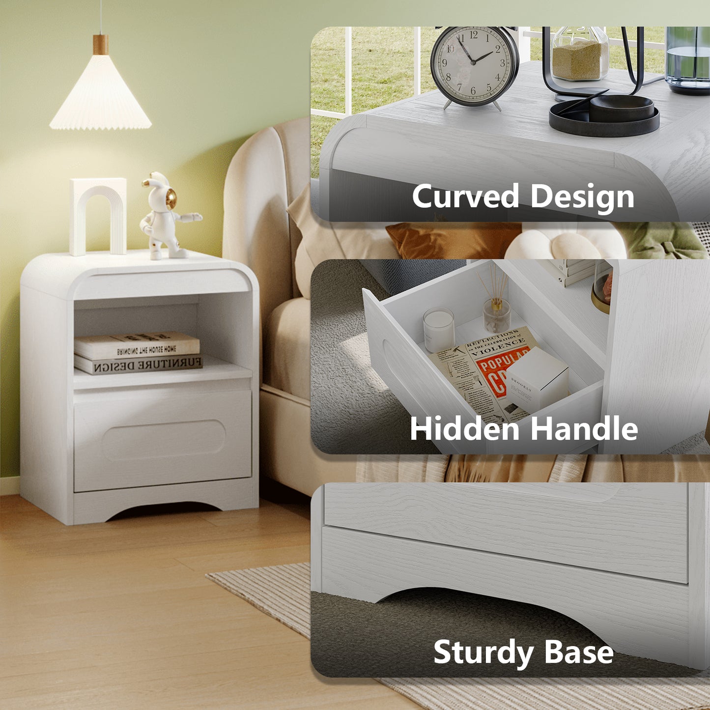 SOLACE FURNITURE Nightstand Set of 2, Nightstand with Drawer Storage and Open Compartment, Modern Night Stand for Bedroom