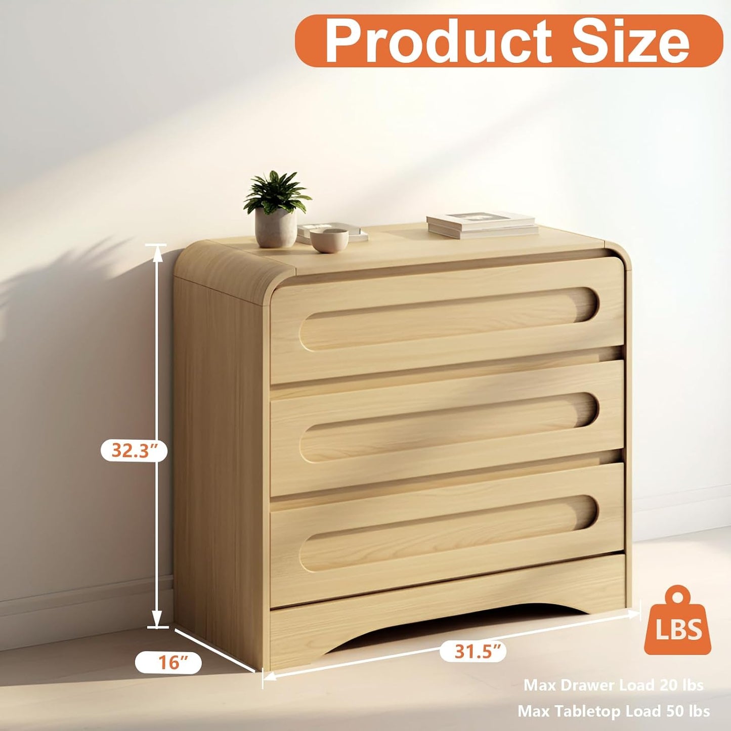 3 Drawer Dressers for Bedroom, 32" Wide Wood Storage Dresser Chest of Drawers Organizer