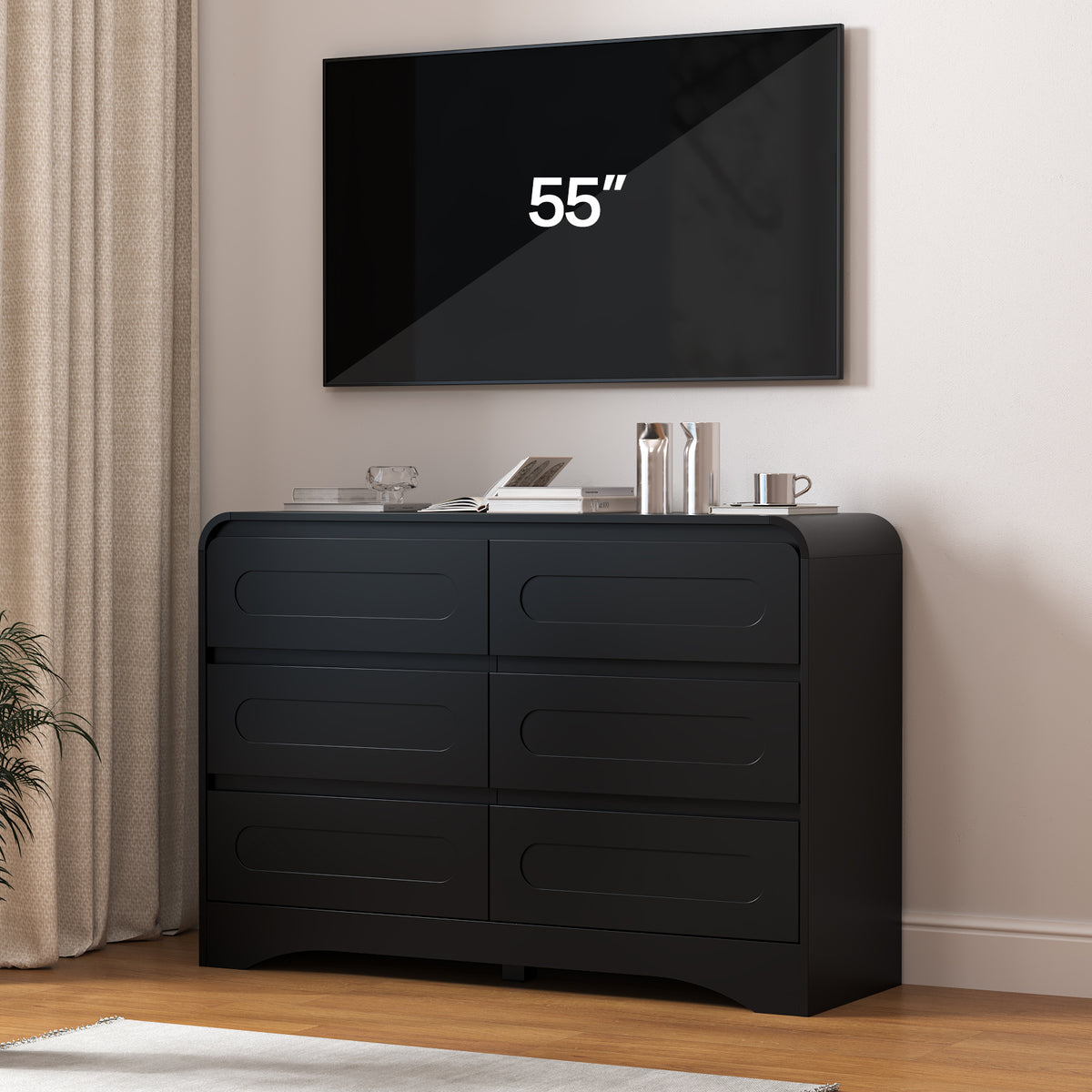 SOLACE FURNITURE 47" Wide 6 Drawers Dressers, Dresser Curved Profile Design for Bedroom