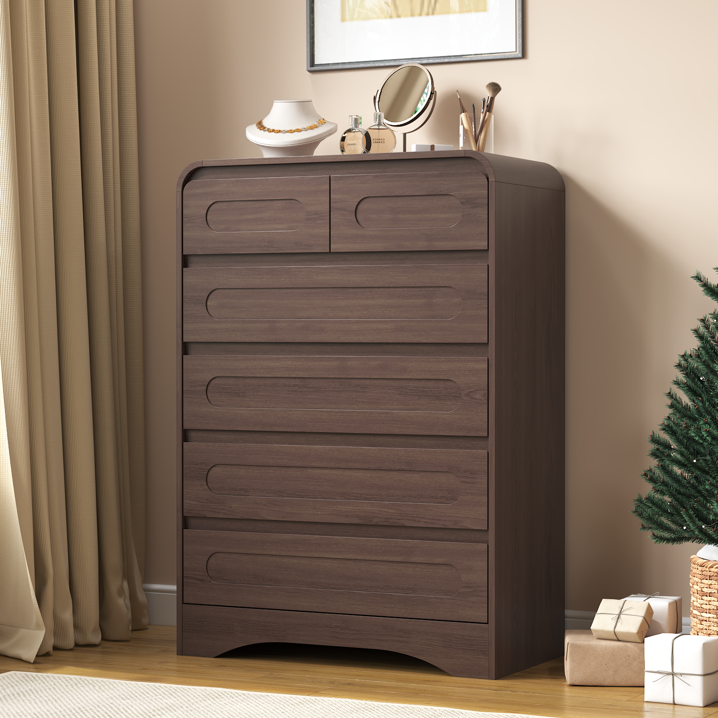 SOLACE FURNITURE 44" Tall 6 Drawers Chest, Modern Wooed Closet Storage Dressers for Bedroom