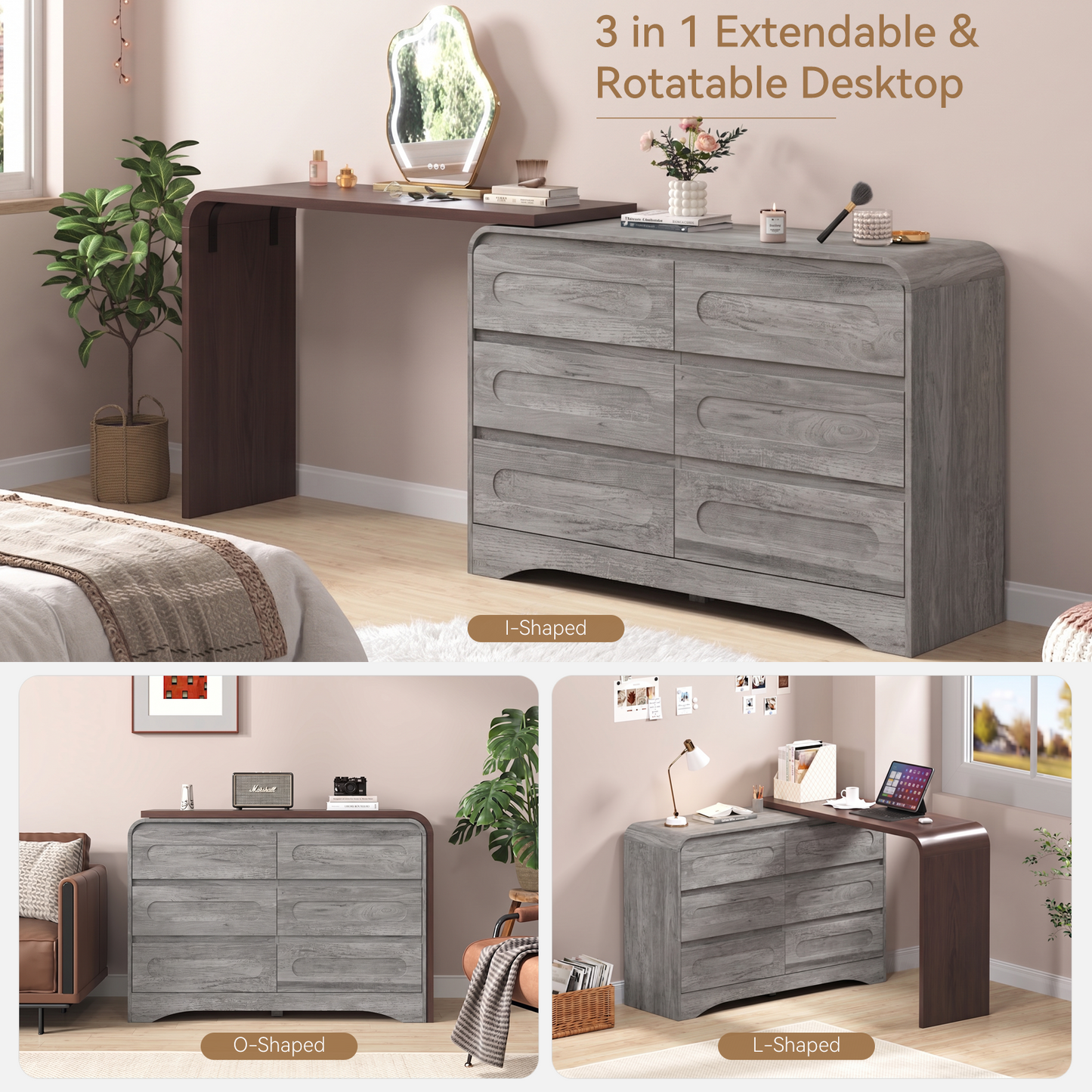 Modern 6 Storage Drawers Dresser with Convertible Vanity Desk