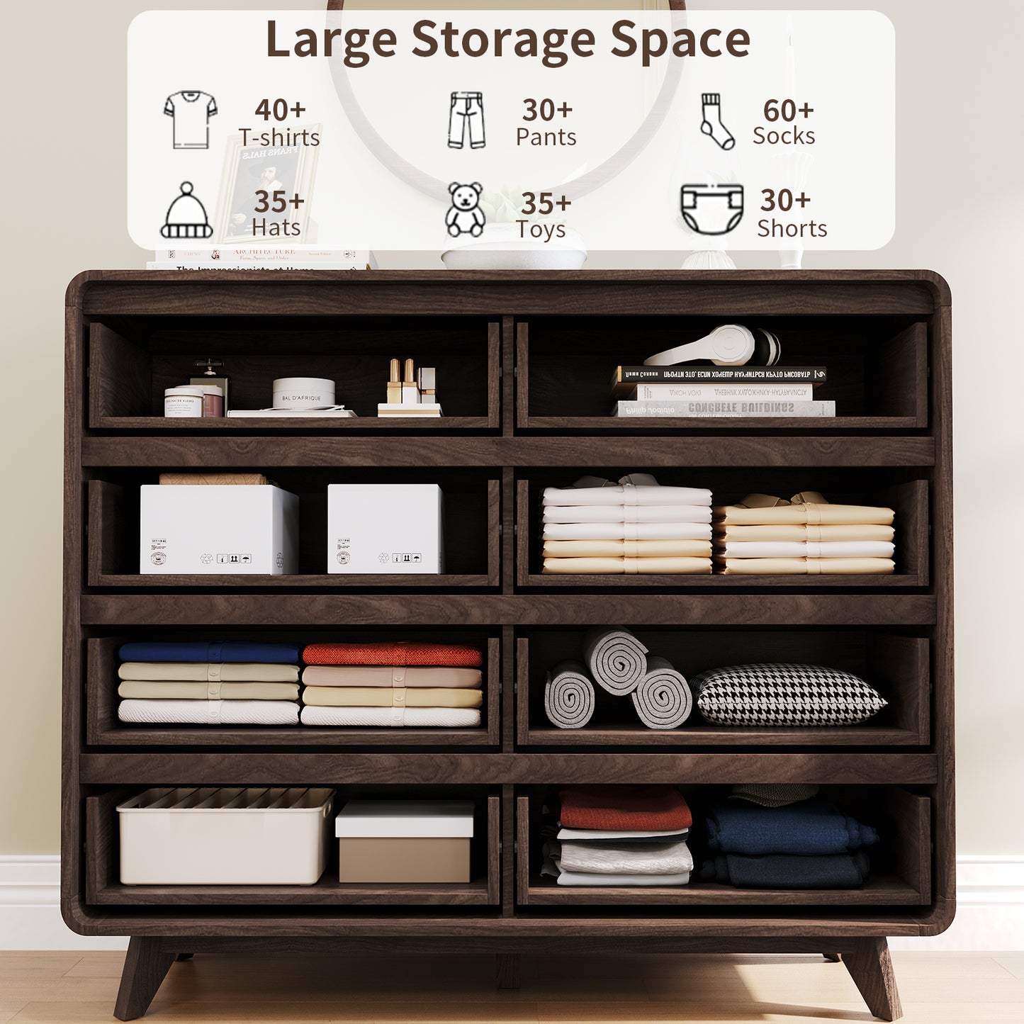 Fluted Dresser for Bedroom, Wide 8 Drawers Dresser, Chests of Drawers with Grille & Curved Design