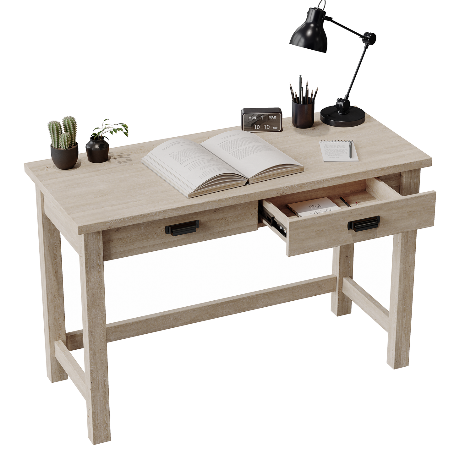 Rustic Farmhouse Office Desk - 2 Spacious Drawers, Bin-Style Pulls, Pre-Assembled Drawer Box, Adjustable Levelers, Natural Oak Finish