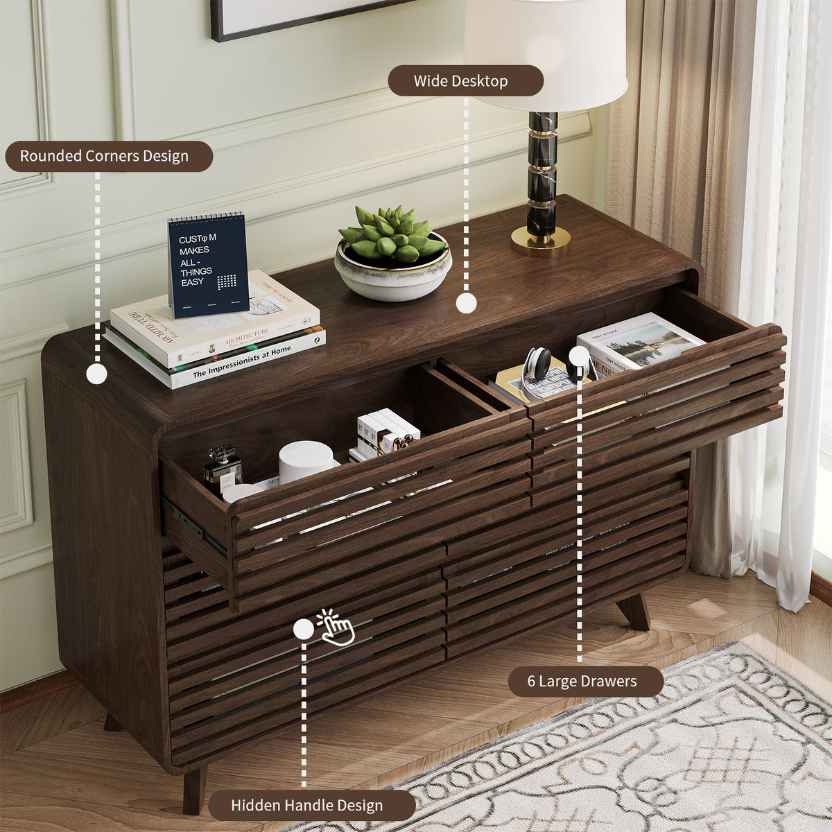 Wooden 6 Drawers Dresser for Bedroom, Chests of Drawers with Curved Edges Design
