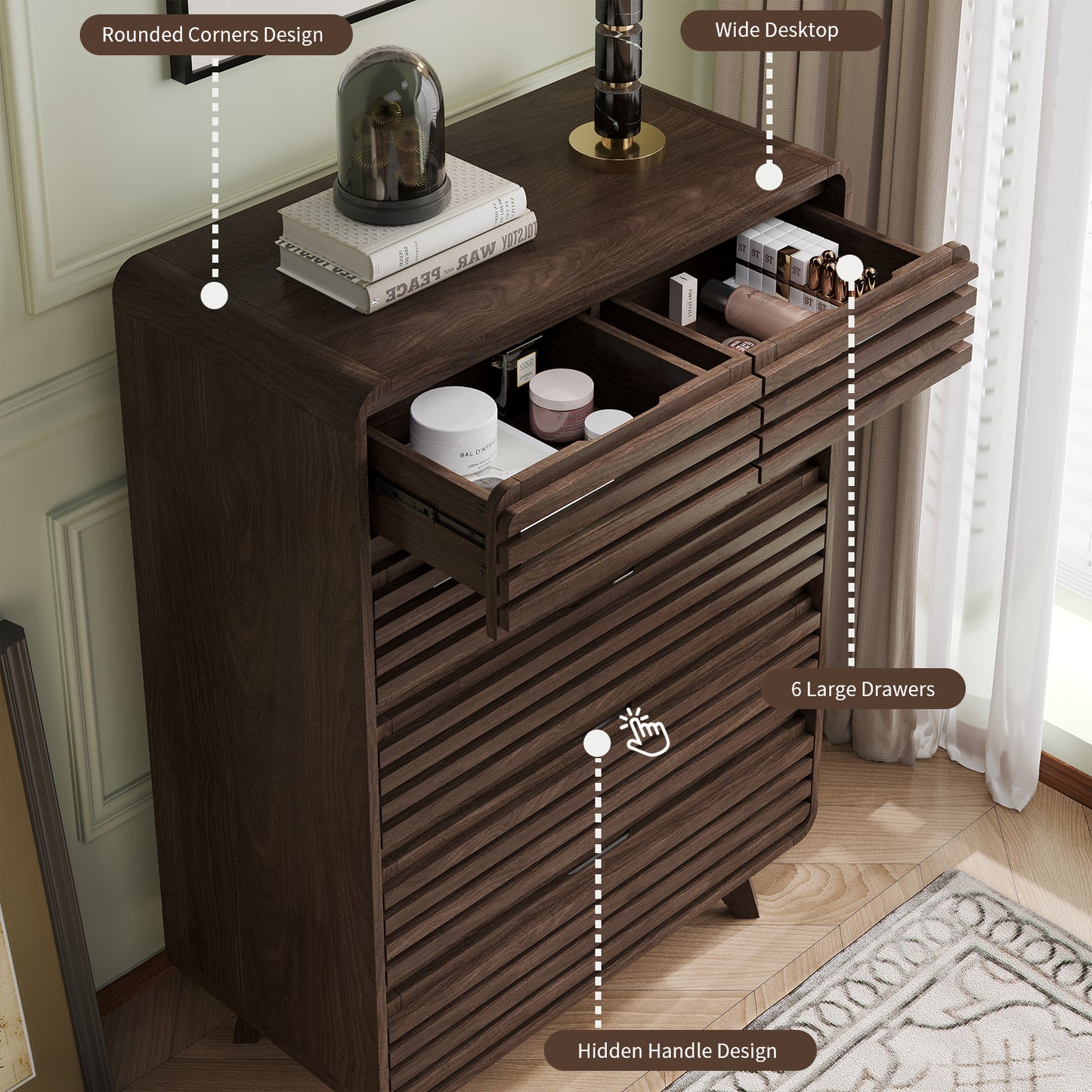 SOLACE FURNITURE Tall Dresser with 6 Drawers, Chests of Drawers with Grille & Curved Design