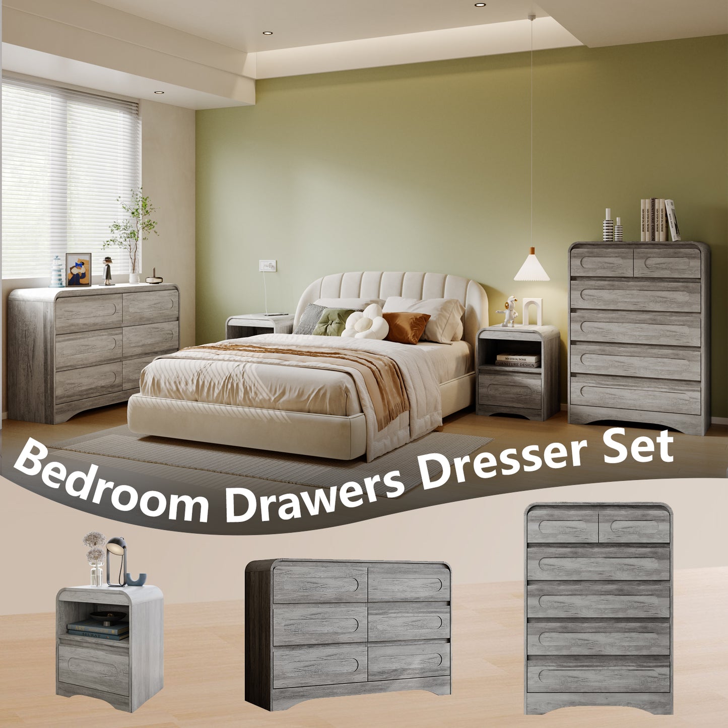 SOLACE FURNITURE 47" Wide 6 Drawers Dressers, Dresser Curved Profile Design for Bedroom