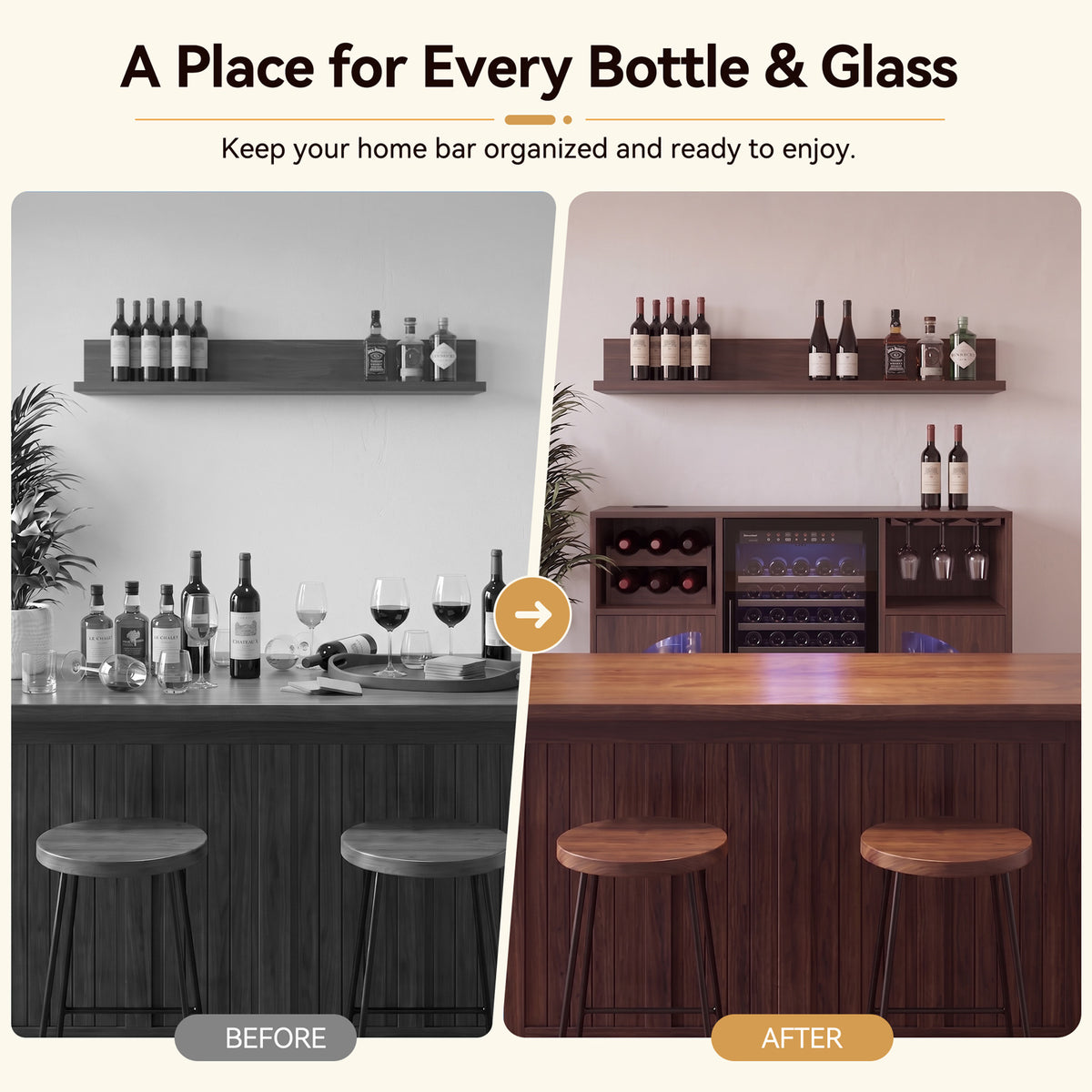 Coffee Bar Wine Cabinet with 6 Wine Rack, Adjustable Shelves, Glass Holder - Modern Home Liquor Bar Cabinet for Kitchen & Living Room, Brown