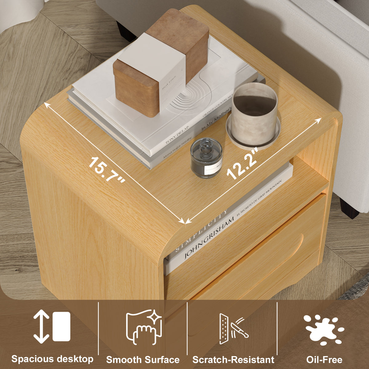 Nightstands with Drawer Storage, Curved Bedside Table for Bedroom