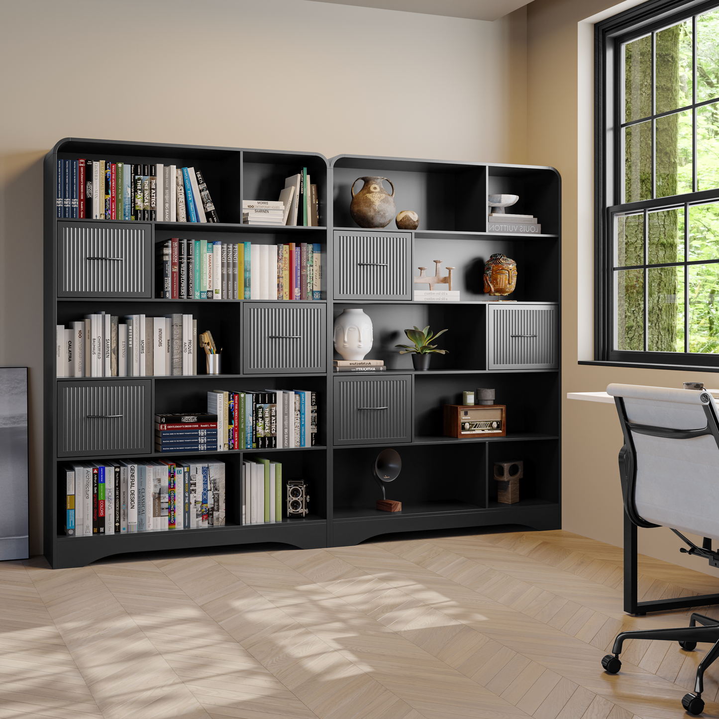 SOLACE FURNITURE 70" Book Shelf and Bookcase, Tall Bookshelf with Drawers, 48" Wide Modern 5 Tier Bookcase with 3 Bins Storage