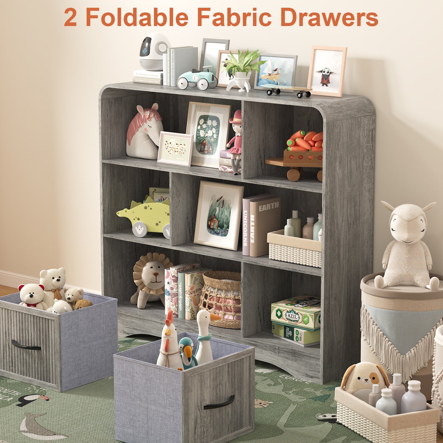 6-Open Shelf Bookcase with 2 Storage Bins,Bookshelf for Toy Storage