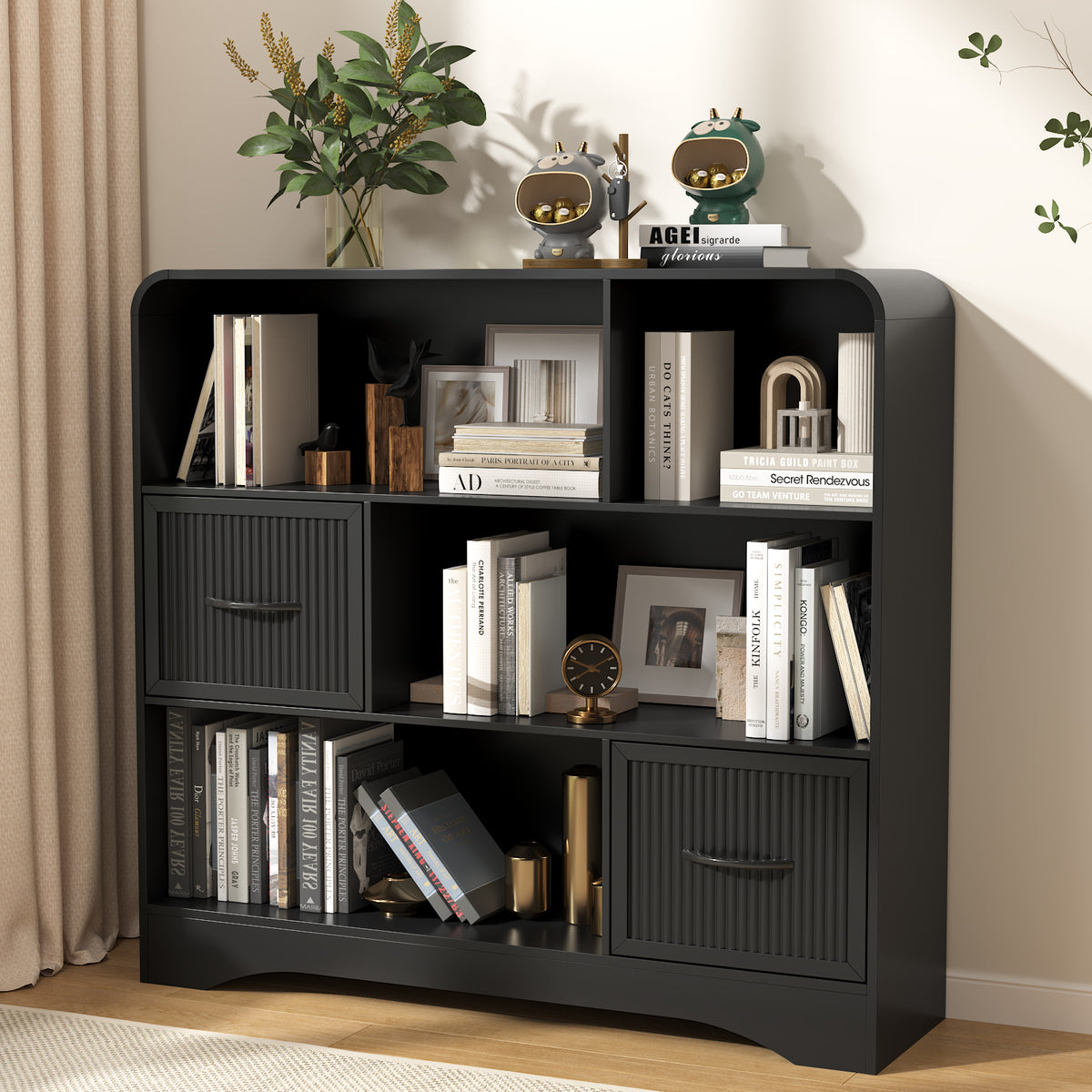 6-Open Shelf Bookcase with 2 Storage Bins,Bookshelf for Toy Storage