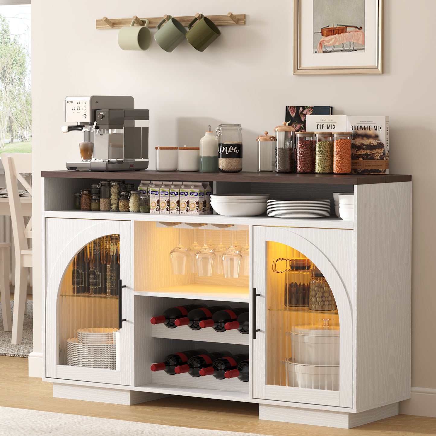 SOLACE FURNITURE Sideboard Buffet Cabinet, 54" Kitchen Cabinet with Arched Glass Doors