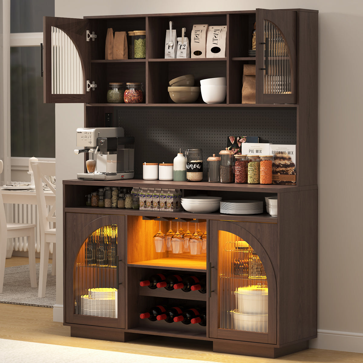 71" Kitchen Pantry Cabinet with RGB LED Lighting, Wine Storage, Adjustable Shelves and Built-In Power Outlet