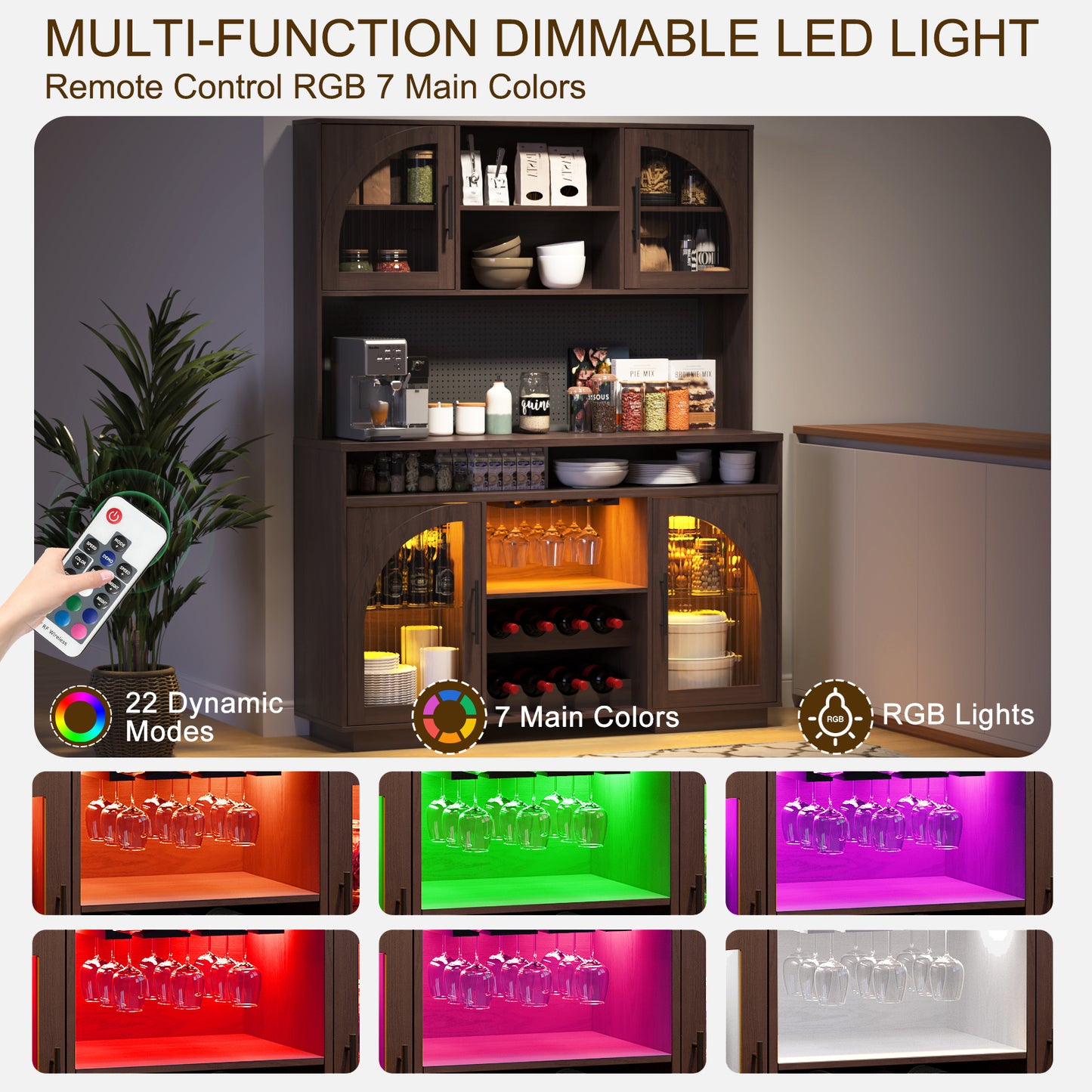 SOLACE FURNITURE 71" Pantry Cabinet, Kitchen Cabinet with Charging Station, Kitchen Hutch Storage with Pegboard and LED Light