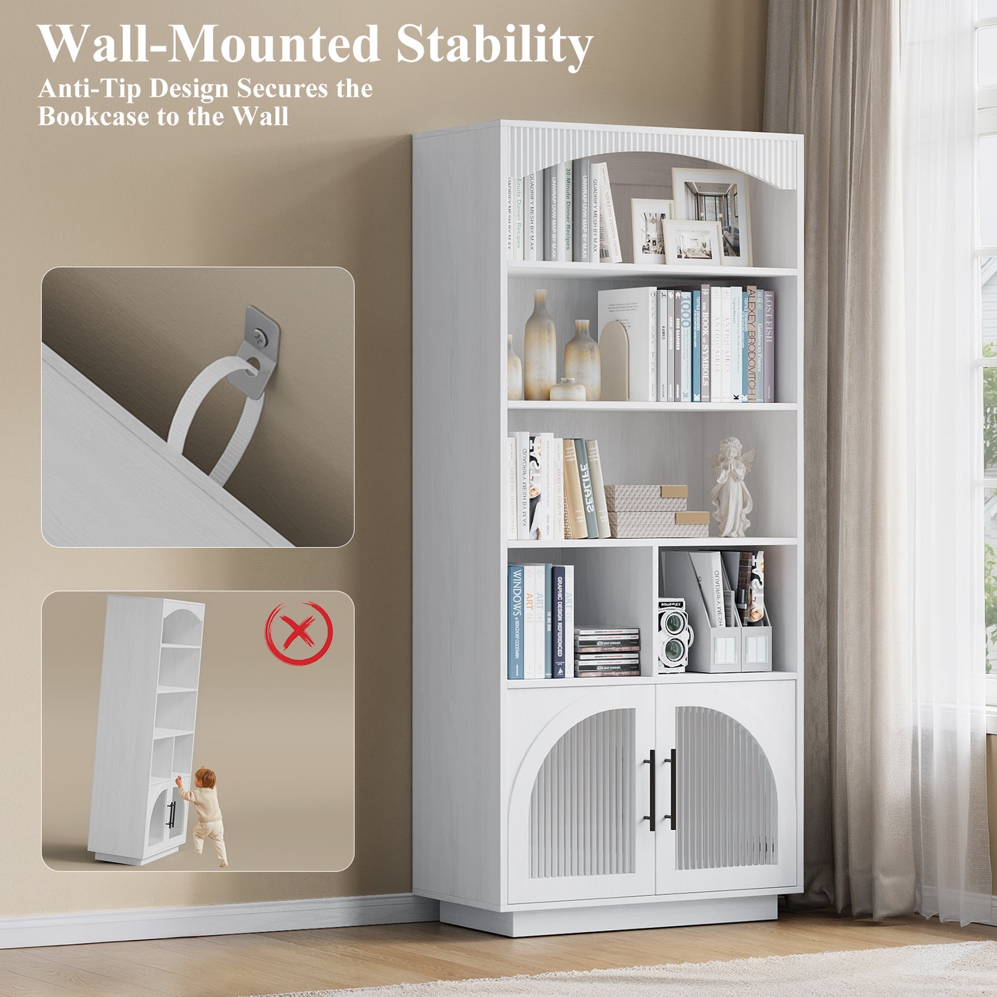 SOLACE FURNITURE 70" Tall Bookshelf, Bookcase with Doors, 5 Tier Bookshelf with Cabinet & Adjustable Shelves