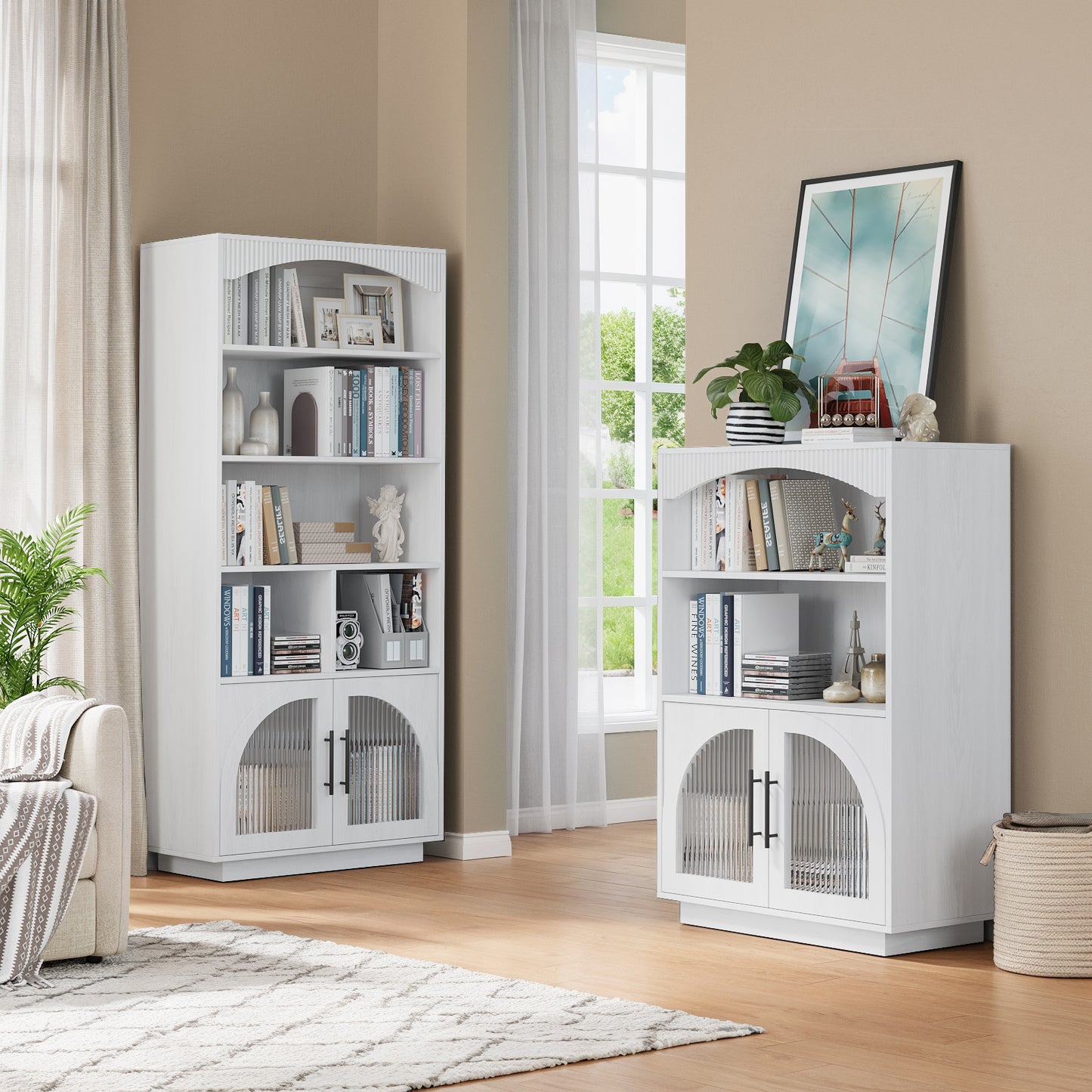 SOLACE FURNITURE 46" Bookshelf with Doors, Black Bookcase with Glass Door, 3 Tier Small Bookshelf