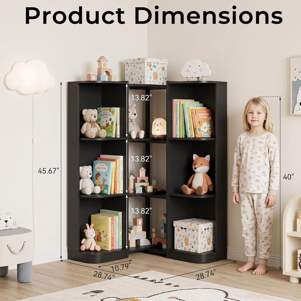 3-Tier Reversible Corner Bookcase, L-Shaped Bookshelf, Storage Shelf for Living Room, Black