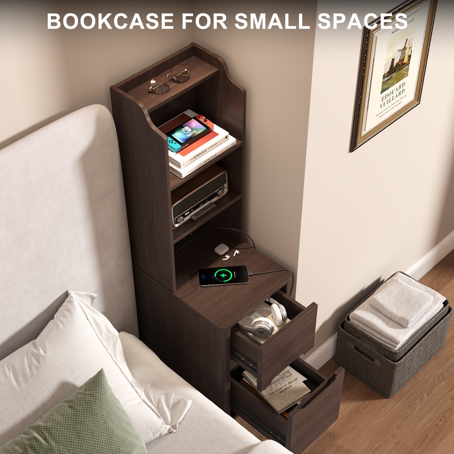 Tall Nightstand with Charging Station,Modern End Bedside Table for Bedroom