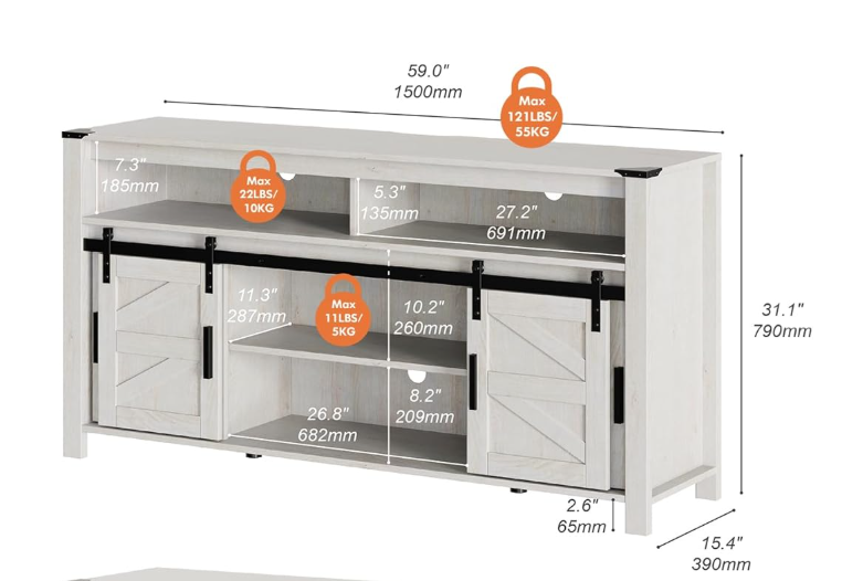 59"Wood Sliding Barn Door Media Console Table,Rustic TV Cabinet for Living Room, Farmhouse TV Stand