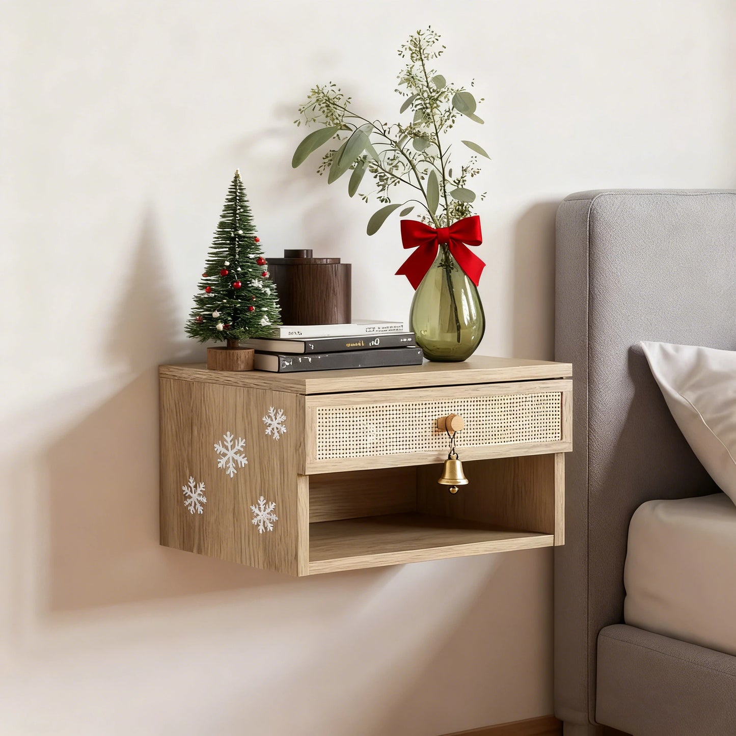 Oak Floating Bedside Table with Drawer, Wall Mount Nightstand, 15.7" Wide Modern Bedside Organizer