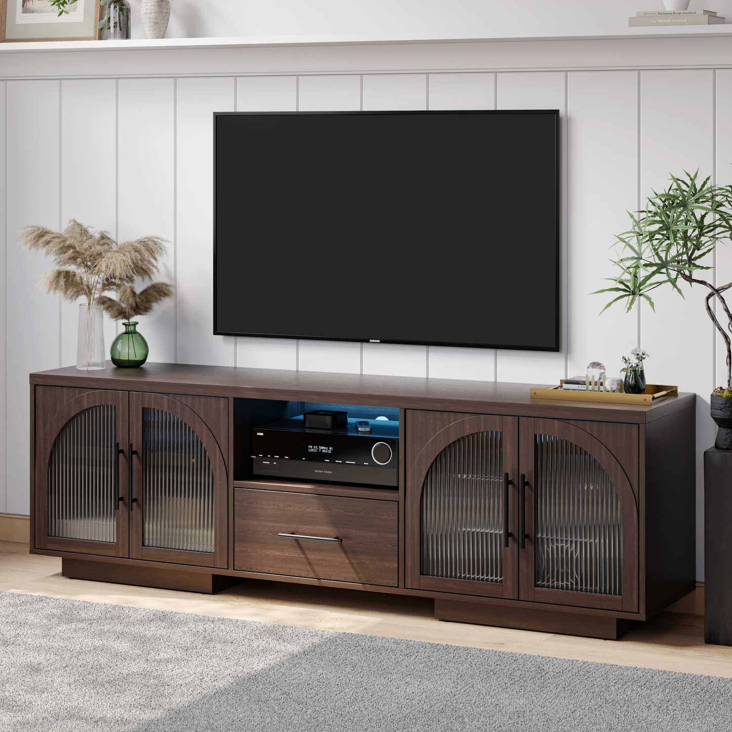 SOLACE FURNITURE 70" TV Stand for 80" TVs, Entertainment Center with LED Lights and Arched Glass Doors