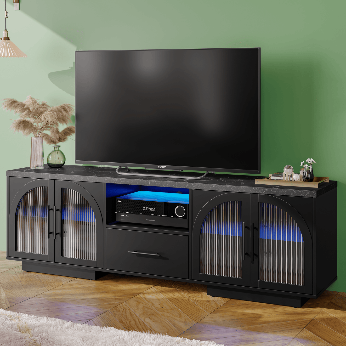 SOLACE FURNITURE 70" TV Stand for 80" TVs, Entertainment Center with LED Lights and Arched Glass Doors