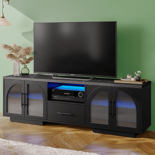 SOLACE FURNITURE 70" TV Stand for 80" TVs, Entertainment Center with LED Lights and Arched Glass Doors