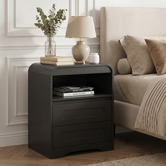 Mid-Century Wooded Arched Nightstand with 2 Drawers, Black