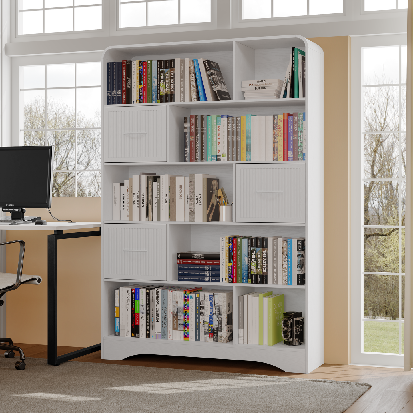 SOLACE FURNITURE 70" Book Shelf and Bookcase, Tall Bookshelf with Drawers, 48" Wide Modern 5 Tier Bookcase with 3 Bins Storage