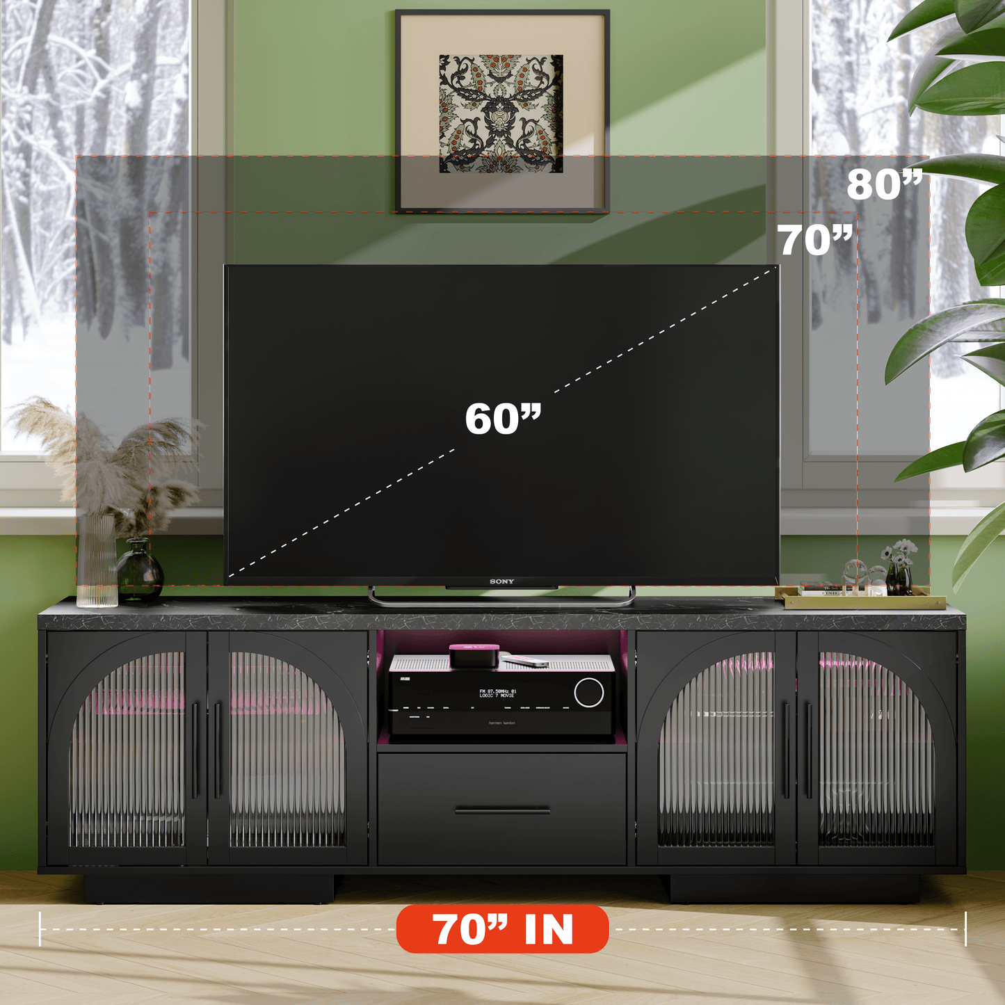 SOLACE FURNITURE 70" TV Stand for 80" TVs, Entertainment Center with LED Lights and Arched Glass Doors