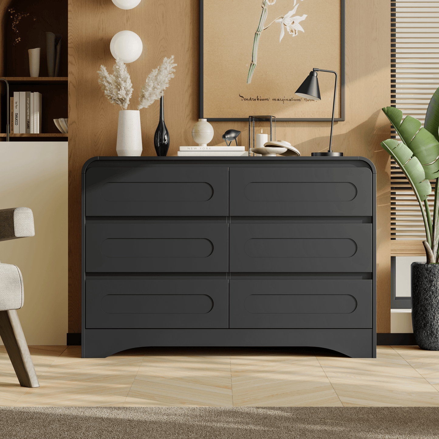 SOLACE FURNITURE 47" Wide 6 Drawers Dressers, Dresser Curved  Profile Design for Bedroom