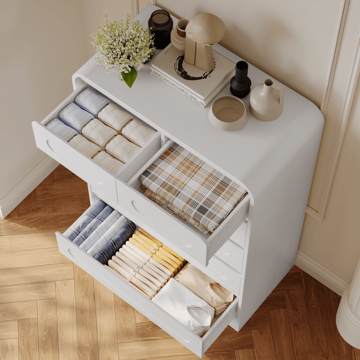 SOLACE FURNITURE 44" Tall 6 Dressers Drawers with Pre-installed Slides, Modern Wood Closet Storage Dressers