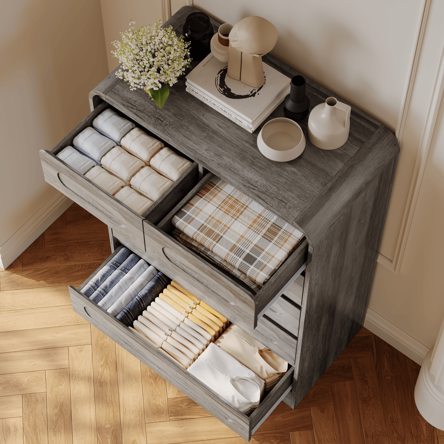 SOLACE FURNITURE 44" Tall 6 Dressers Drawers with Pre-installed Slides, Modern Wood Closet Storage Dressers