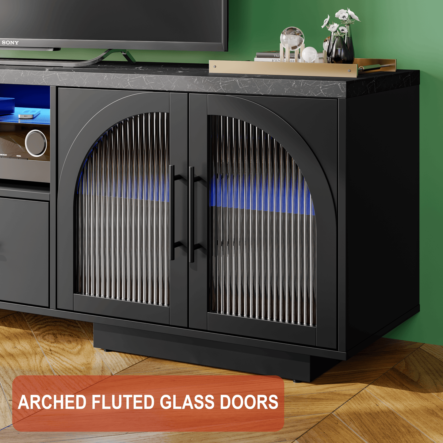 SOLACE FURNITURE 70" TV Stand for 80" TVs, Entertainment Center with LED Lights and Arched Glass Doors