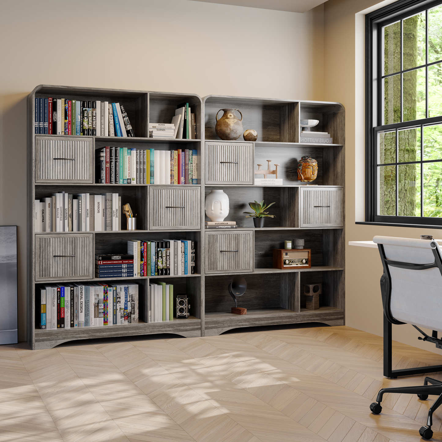 SOLACE FURNITURE 70" Book Shelf and Bookcase, Tall Bookshelf with Drawers, 48" Wide Modern 5 Tier Bookcase with 3 Bins Storage