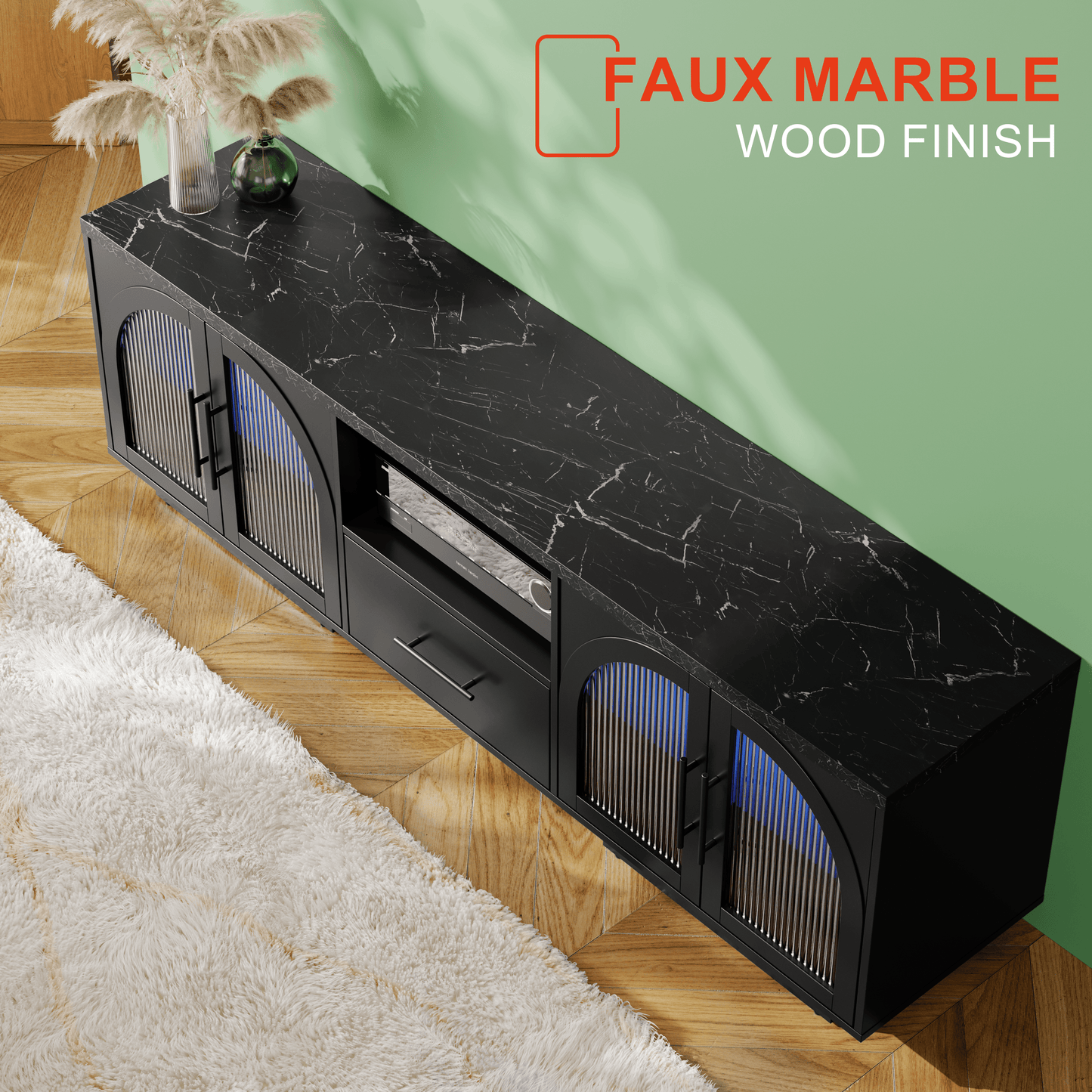 SOLACE FURNITURE 70" TV Stand for 80" TVs, Entertainment Center with LED Lights and Arched Glass Doors