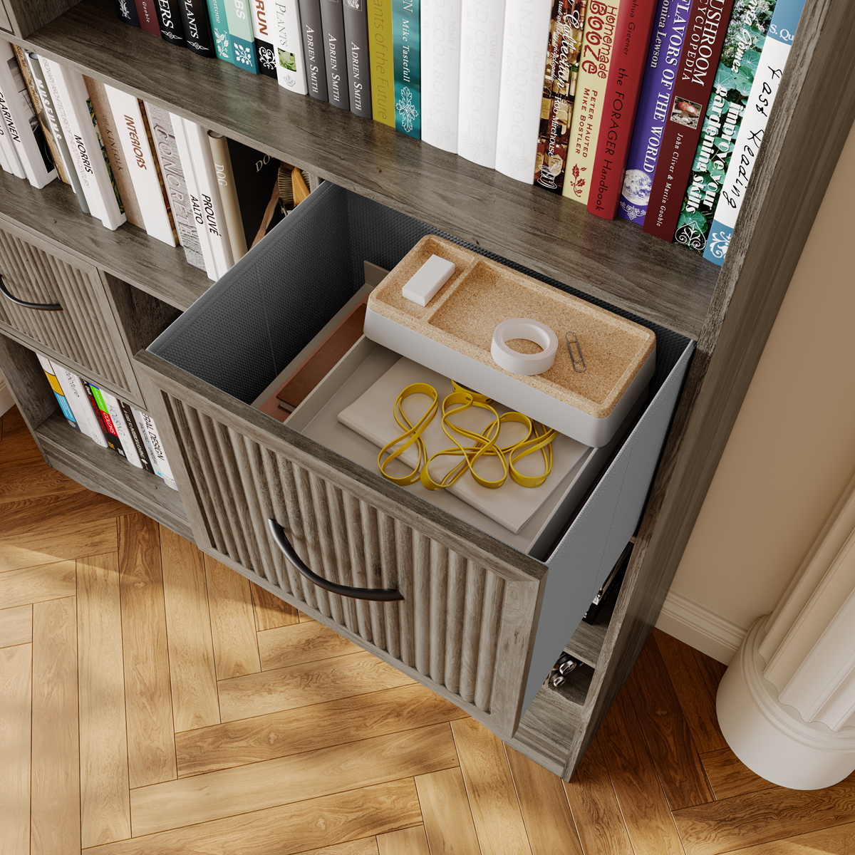 SOLACE FURNITURE 70" Book Shelf and Bookcase, Tall Bookshelf with Drawers, 48" Wide Modern 5 Tier Bookcase with 3 Bins Storage