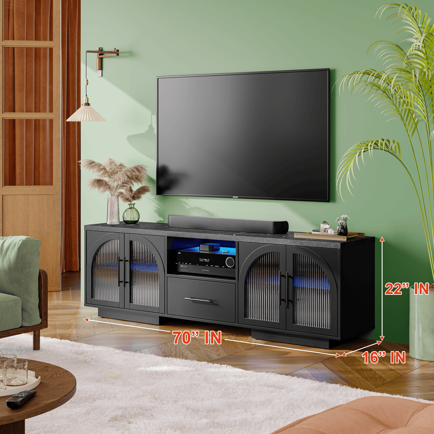 SOLACE FURNITURE 70" TV Stand for 80" TVs, Entertainment Center with LED Lights and Arched Glass Doors
