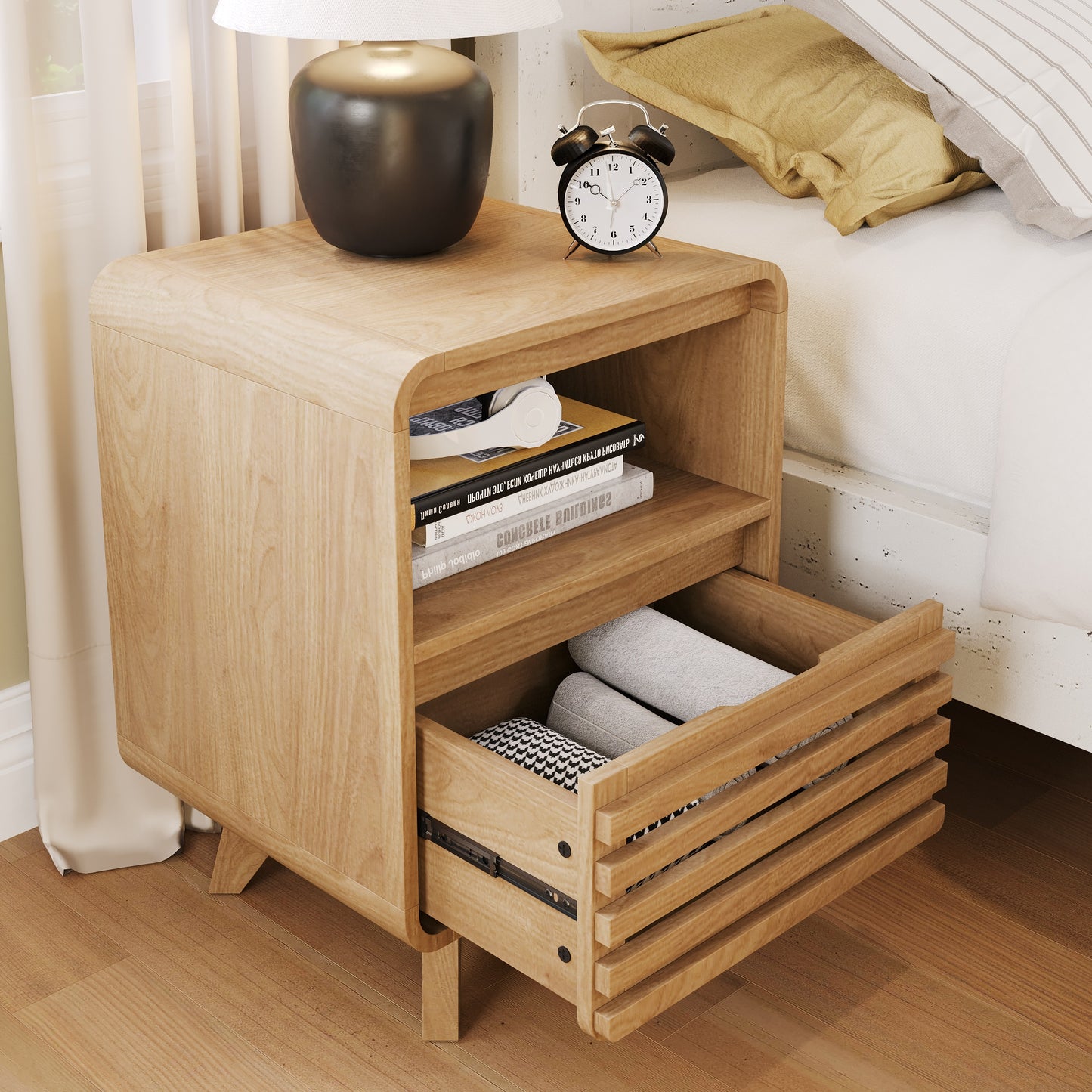 SOLACE FURNITURE Nightstand with Drawer Storage, Grille Bed Side Table