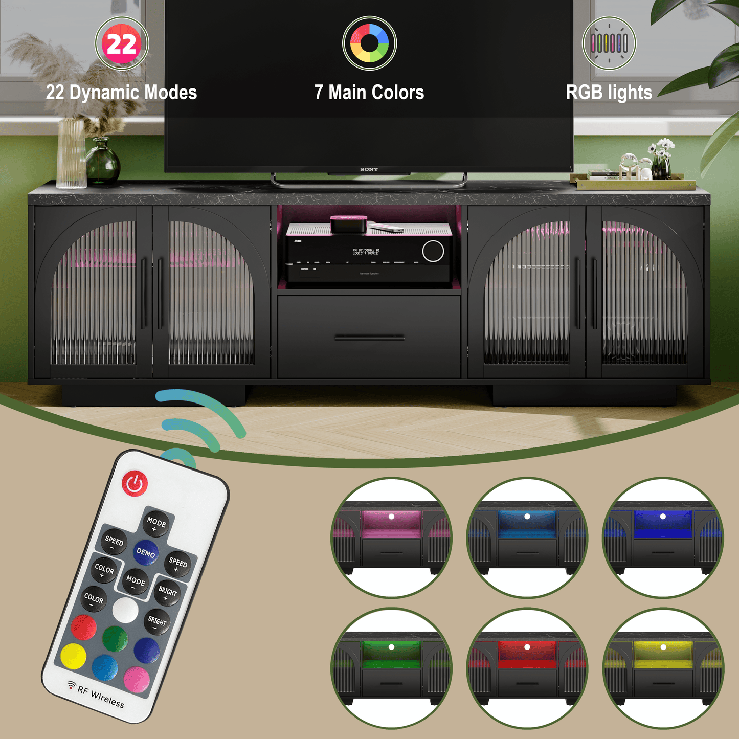 SOLACE FURNITURE 70" TV Stand for 80" TVs, Entertainment Center with LED Lights and Arched Glass Doors