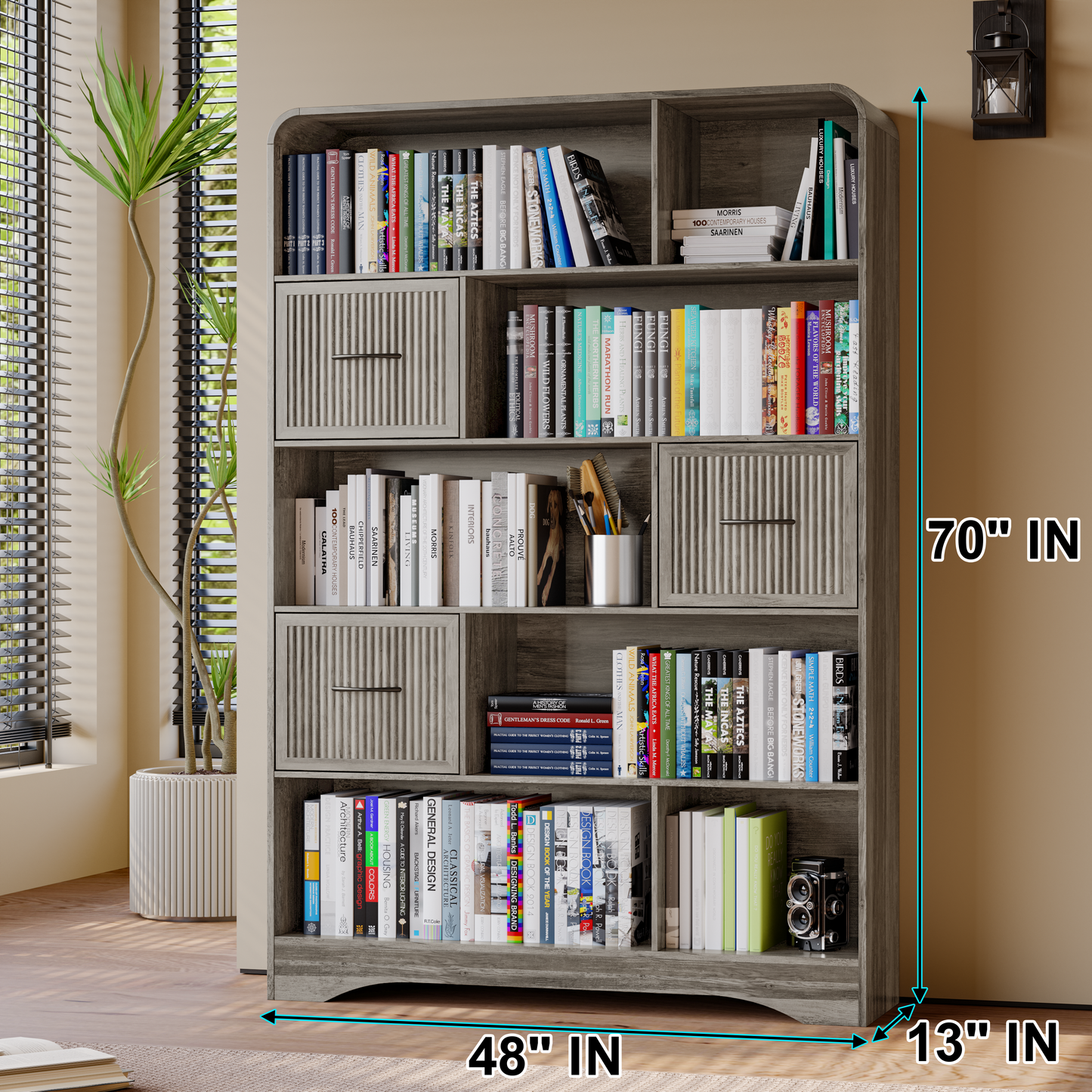 SOLACE FURNITURE 70" Book Shelf and Bookcase, Tall Bookshelf with Drawers, 48" Wide Modern 5 Tier Bookcase with 3 Bins Storage