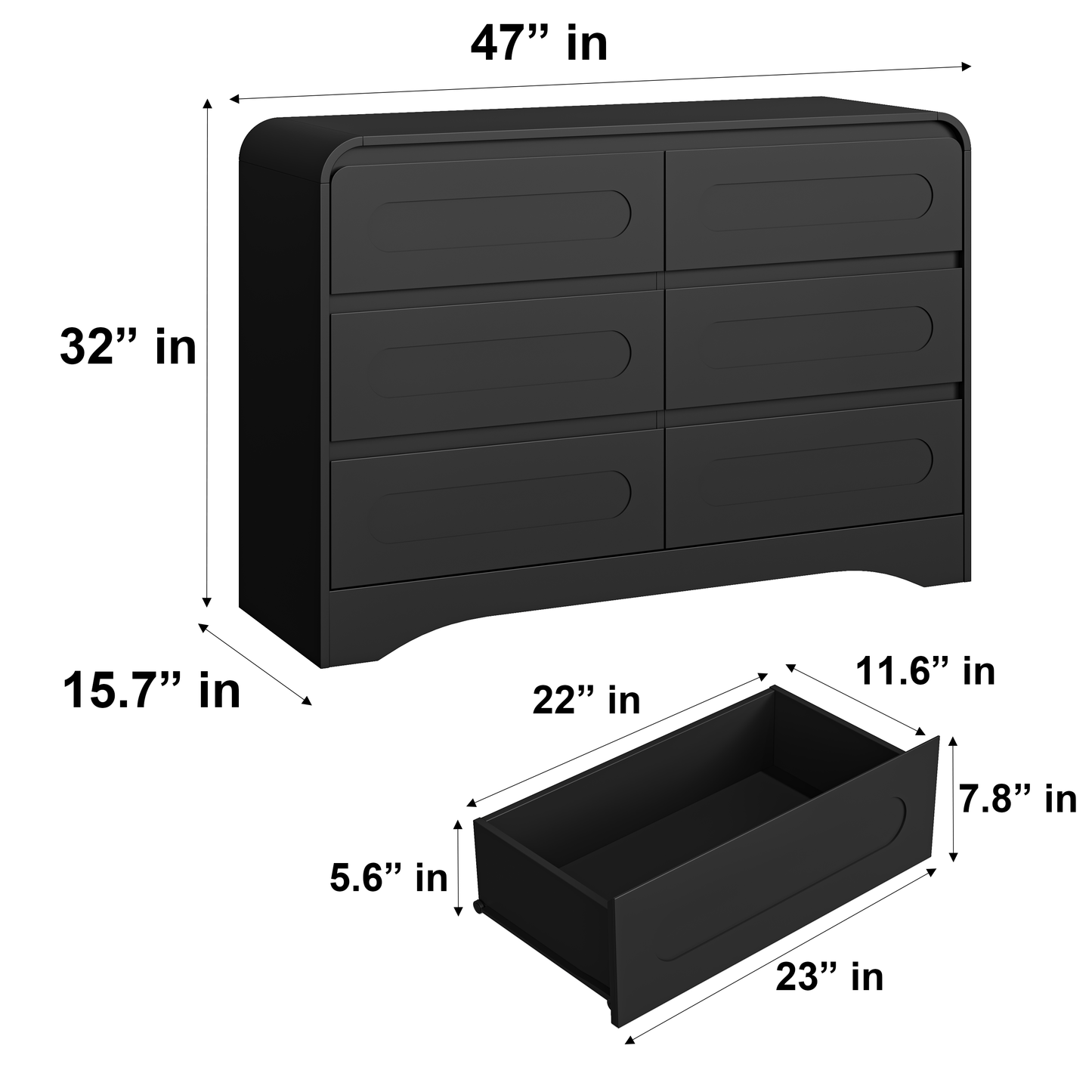SOLACE FURNITURE 47" Wide 6 Drawers Dressers, Dresser Curved  Profile Design for Bedroom