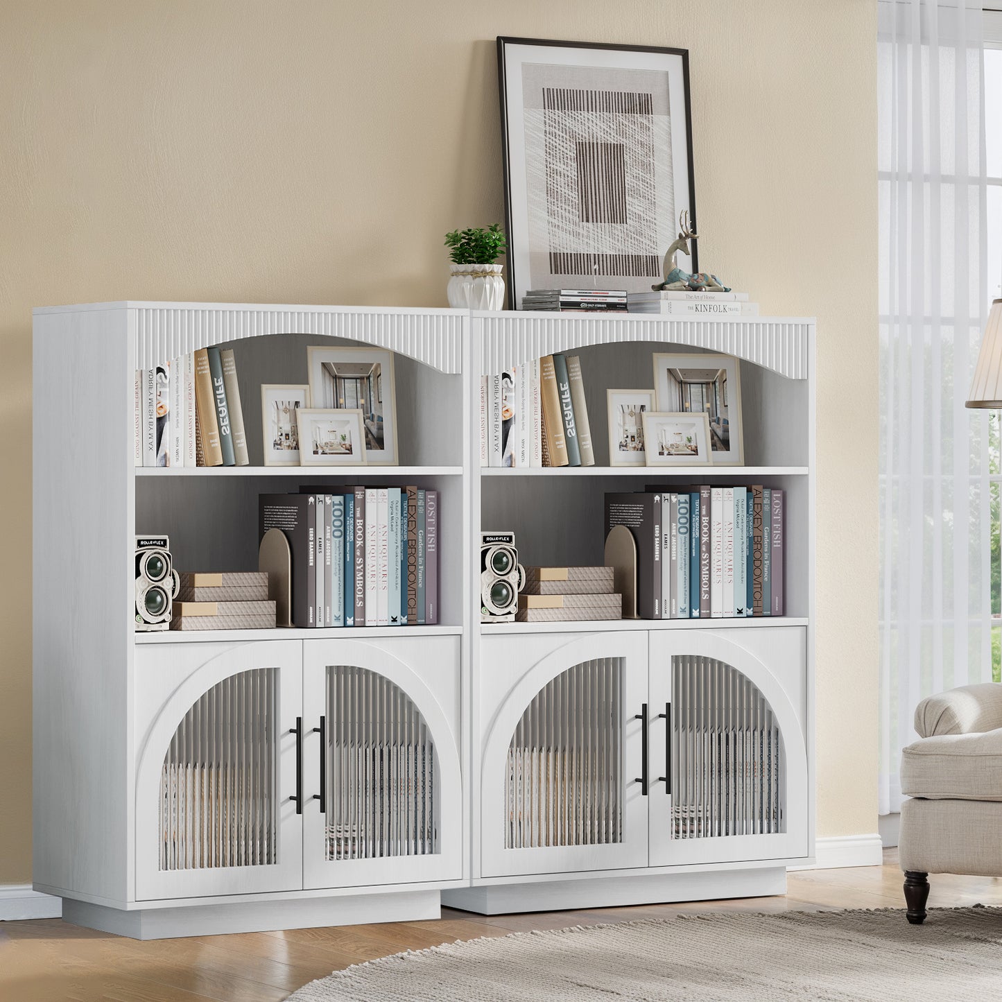 SOLACE FURNITURE 46" Bookshelf with Doors, Black Bookcase with Glass Door, 3 Tier Small Bookshelf