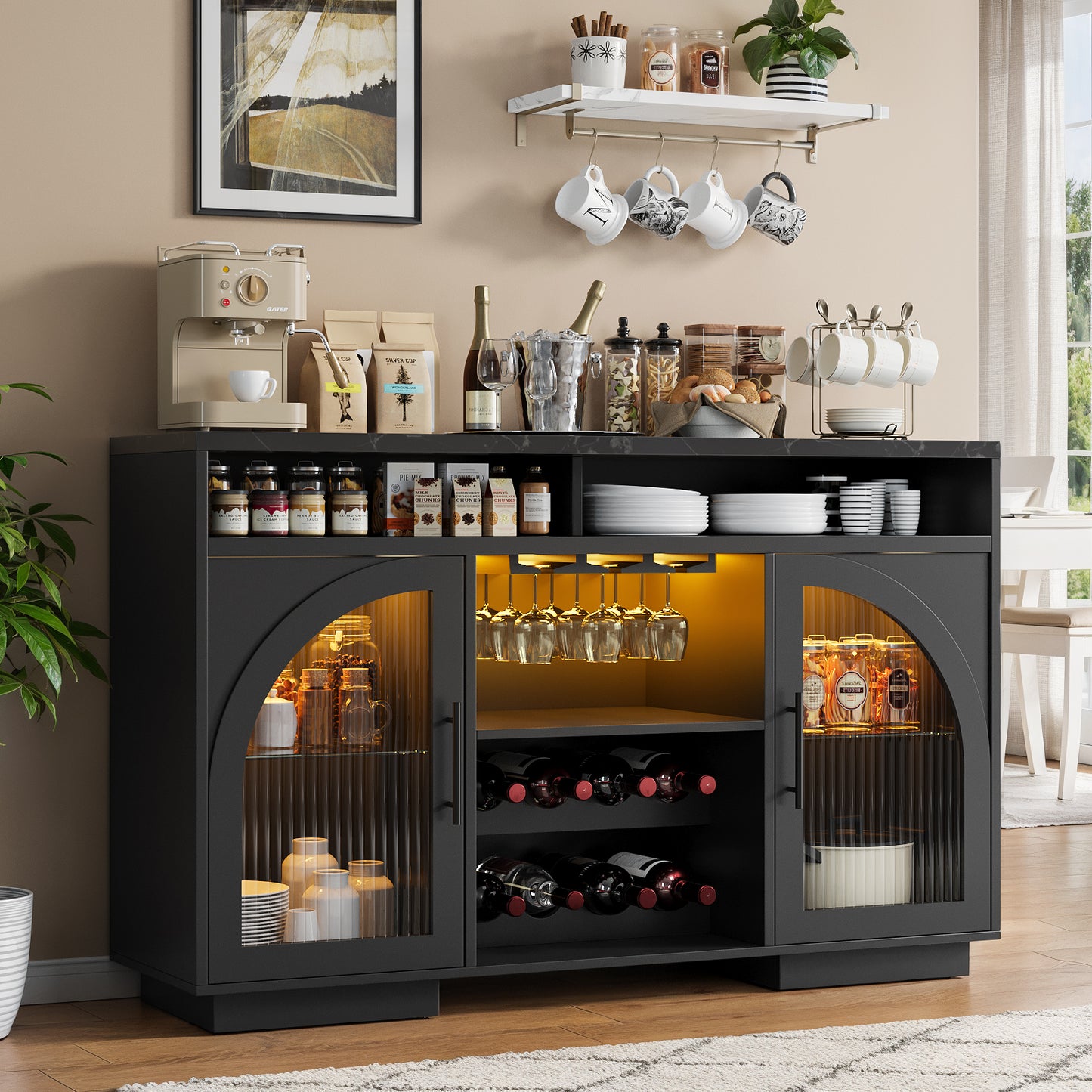 SOLACE FURNITURE Sideboard Buffet Cabinet, 54" Kitchen Cabinet with LED Lights & Arched Glass Doors