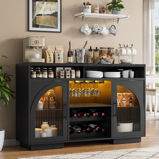 SOLACE FURNITURE Sideboard Buffet Cabinet, 54" Kitchen Cabinet with LED Lights & Arched Glass Doors