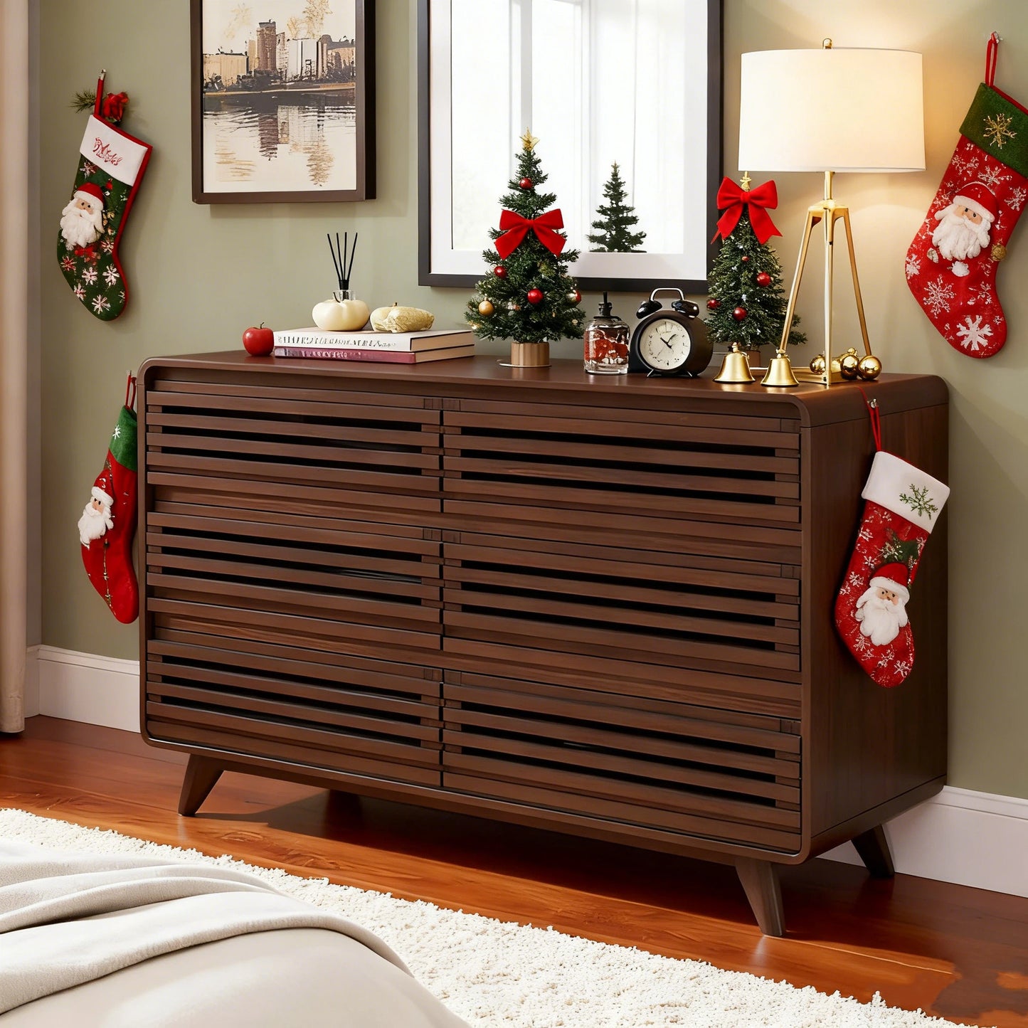Wooden 6 Drawers Dresser for Bedroom, , Chests of Drawers with Grille