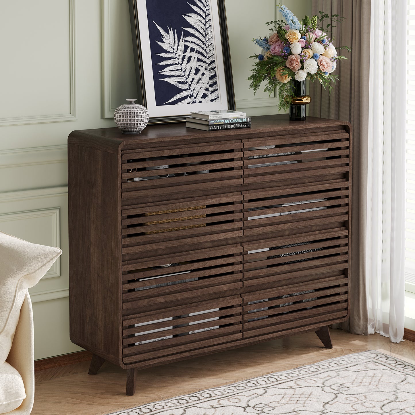 Fluted Dresser for Bedroom, Wide 8 Drawers Dresser, Chests of Drawers with Grille & Curved Design